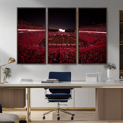 38331045-MGV-FC-48X32-3P_Walnut-Sanford Stadium Wall Art – Georgia Bulldogs Football Red Night Game Canvas Print, Electric College Sports Decor for Man Cave or