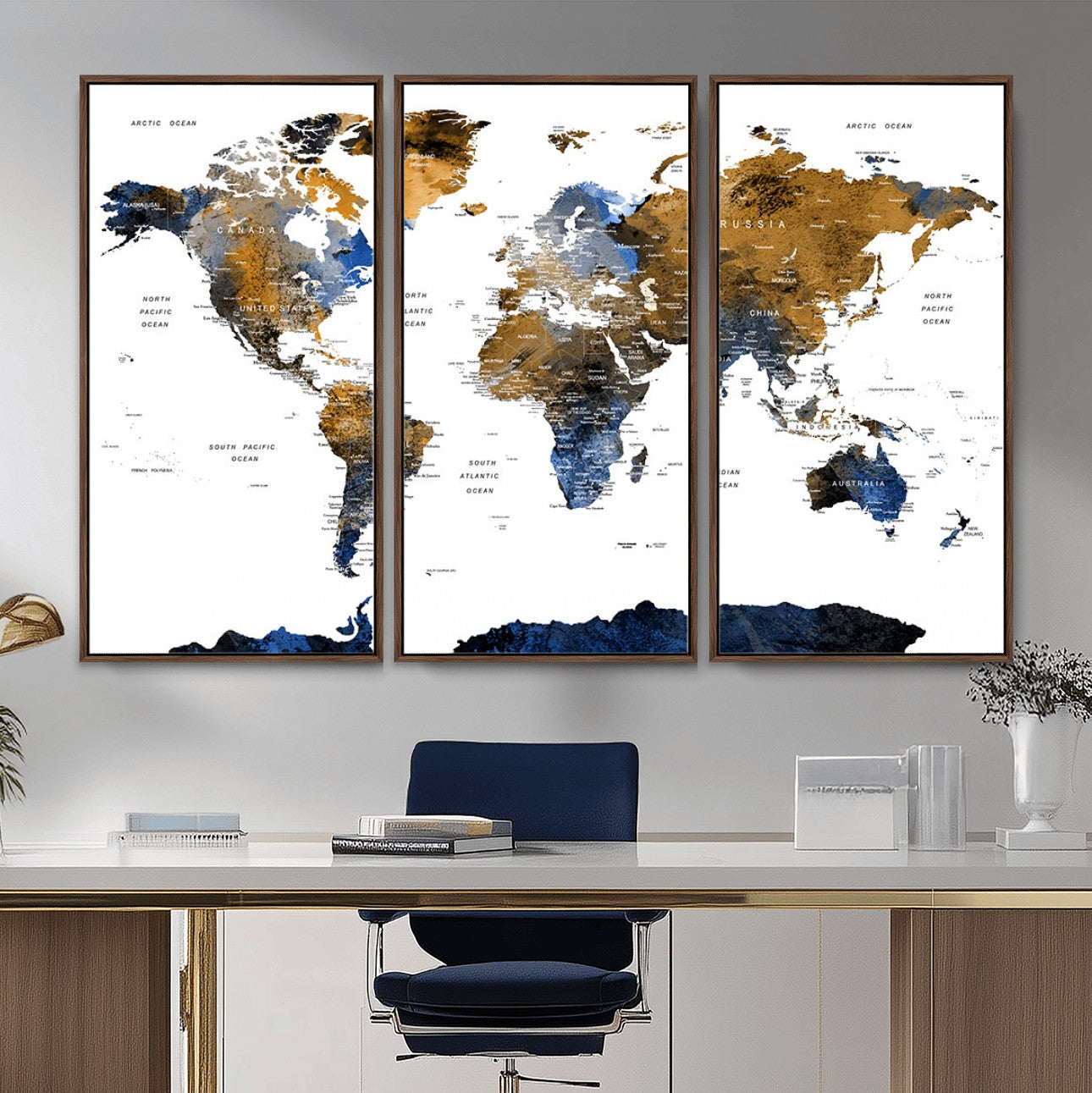MGV-FC-48X32-3P - World Map Wall Art Canvas Print, Framed Blue Gold Map Art Picture Print, Rustic Atlas Perfect Rustic Modern Decor Artwork