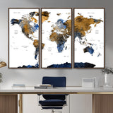 MGV-FC-48X32-3P - World Map Wall Art Canvas Print, Framed Blue Gold Map Art Picture Print, Rustic Atlas Perfect Rustic Modern Decor Artwork