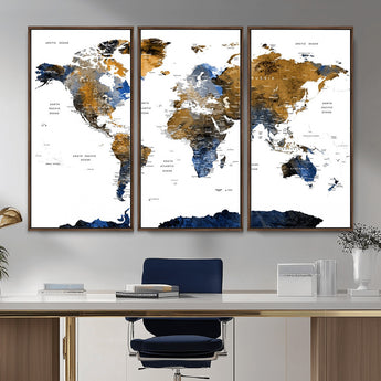 MGV-FC-48X32-3P - World Map Wall Art Canvas Print, Framed Blue Gold Map Art Picture Print, Rustic Atlas Perfect Rustic Modern Decor Artwork
