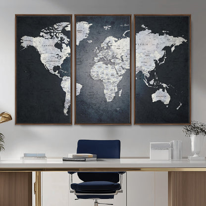MGV-FC-48X32-3P - Monochrome World Map Wall Art Canvas Print, Framed Minimalist Map Art Picture Print, Modern Atlas Perfect Modern Minimalist Decor Artwork