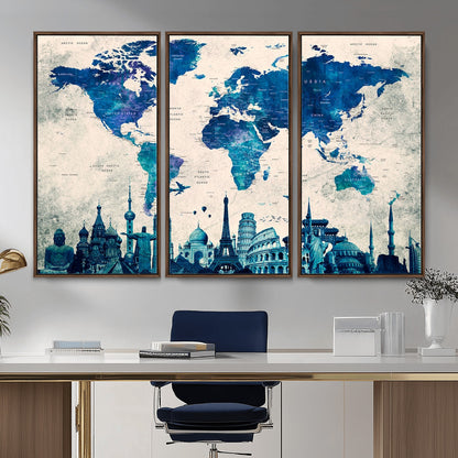 MGV-FC-48X32-3P - Blue World Map Wall Art Canvas Print, Framed Iconic Landmarks Art Picture Print, Blue Globe Map Perfect Elegant Explorer Decor Artwork
