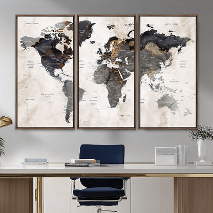 MGV-FC-48X32-3P - World Map Wall Art Canvas Print, Framed Rustic Map Art Picture Print, Antique Map Perfect Rustic Explorer Decor Artwork