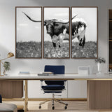 83785-MGV-CV-36X24-Texas Longhorn Wall Art Canvas Print, Framed Horned Bull Art Picture Print, Monochrome Cattle Perfect Rustic Western Decor Artwork