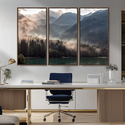 64758-MGV-CV-36X24-Misty Mountains Wall Art Canvas Print, Framed Moody Pines Art Picture Print, Forest Lake Perfect Moody Alpine Decor Artwork