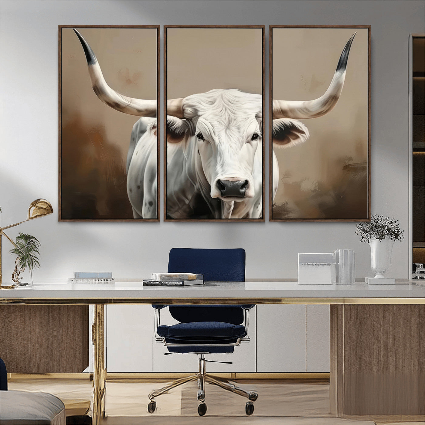 63550-MGV-FC-48X32-3P_Walnut-Texas Longhorn Wall Art Canvas Print, Framed White Bull Art Picture Print, Horned Cattle Perfect Rustic Western Decor Artwork