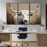 63550-MGV-FC-48X32-3P_Walnut-Texas Longhorn Wall Art Canvas Print, Framed White Bull Art Picture Print, Horned Cattle Perfect Rustic Western Decor Artwork