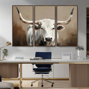 63550-MGV-FC-48X32-3P_Walnut-Texas Longhorn Wall Art Canvas Print, Framed White Bull Art Picture Print, Horned Cattle Perfect Rustic Western Decor Artwork