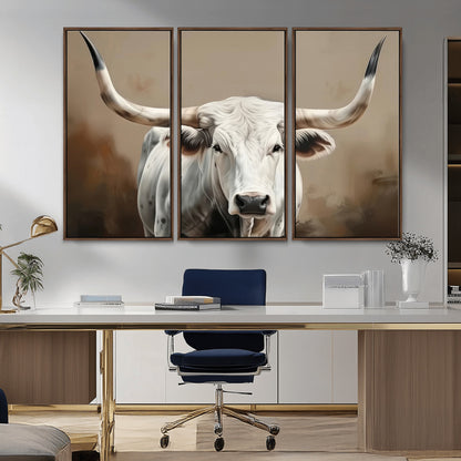 63550-MGV-FC-48X32-3P_Walnut-Texas Longhorn Wall Art Canvas Print, Framed White Bull Art Picture Print, Horned Cattle Perfect Rustic Western Decor Artwork