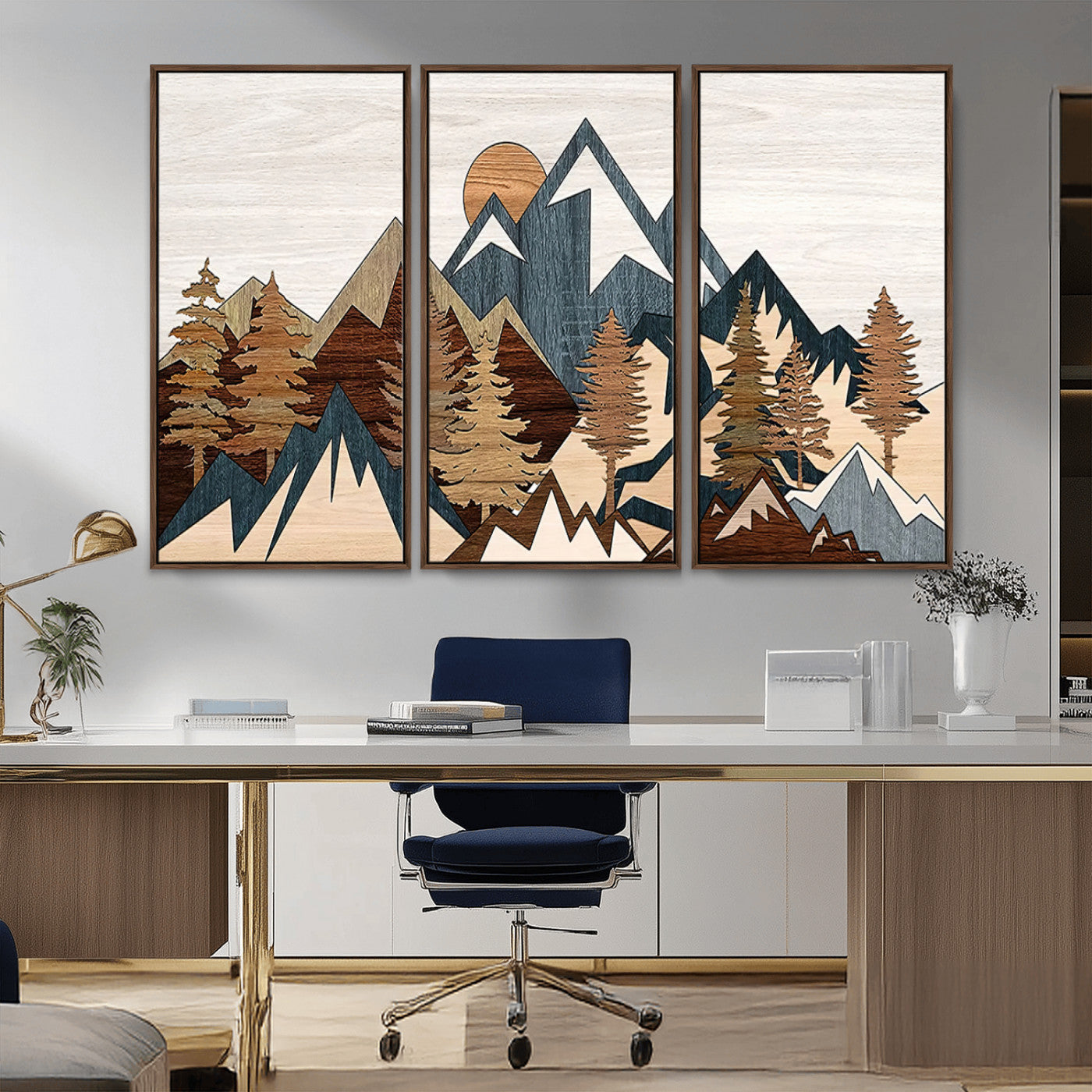 80300-MGV-CV-36X24-Geometric Mountains Wall Art Canvas Print, Framed Stylized Trees Art Picture Print, Graphic Forest Perfect Rustic Abstract Decor