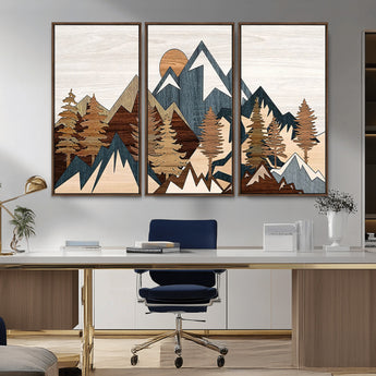 80300-MGV-CV-36X24-Geometric Mountains Wall Art Canvas Print, Framed Stylized Trees Art Picture Print, Graphic Forest Perfect Rustic Abstract Decor