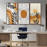 32359-MGV-FC-48X32-3P_Walnut-Modern Sun Wall Art Canvas Print, Framed Retro Horizon Art Picture Print, Sunburst Design Perfect Mid Century Boho Decor Artwork