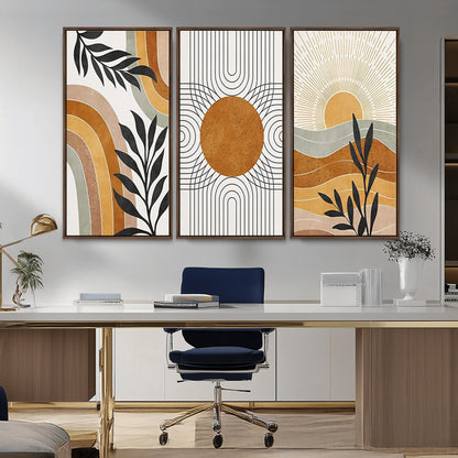 32359-MGV-FC-48X32-3P_Walnut-Modern Sun Wall Art Canvas Print, Framed Retro Horizon Art Picture Print, Sunburst Design Perfect Mid Century Boho Decor Artwork