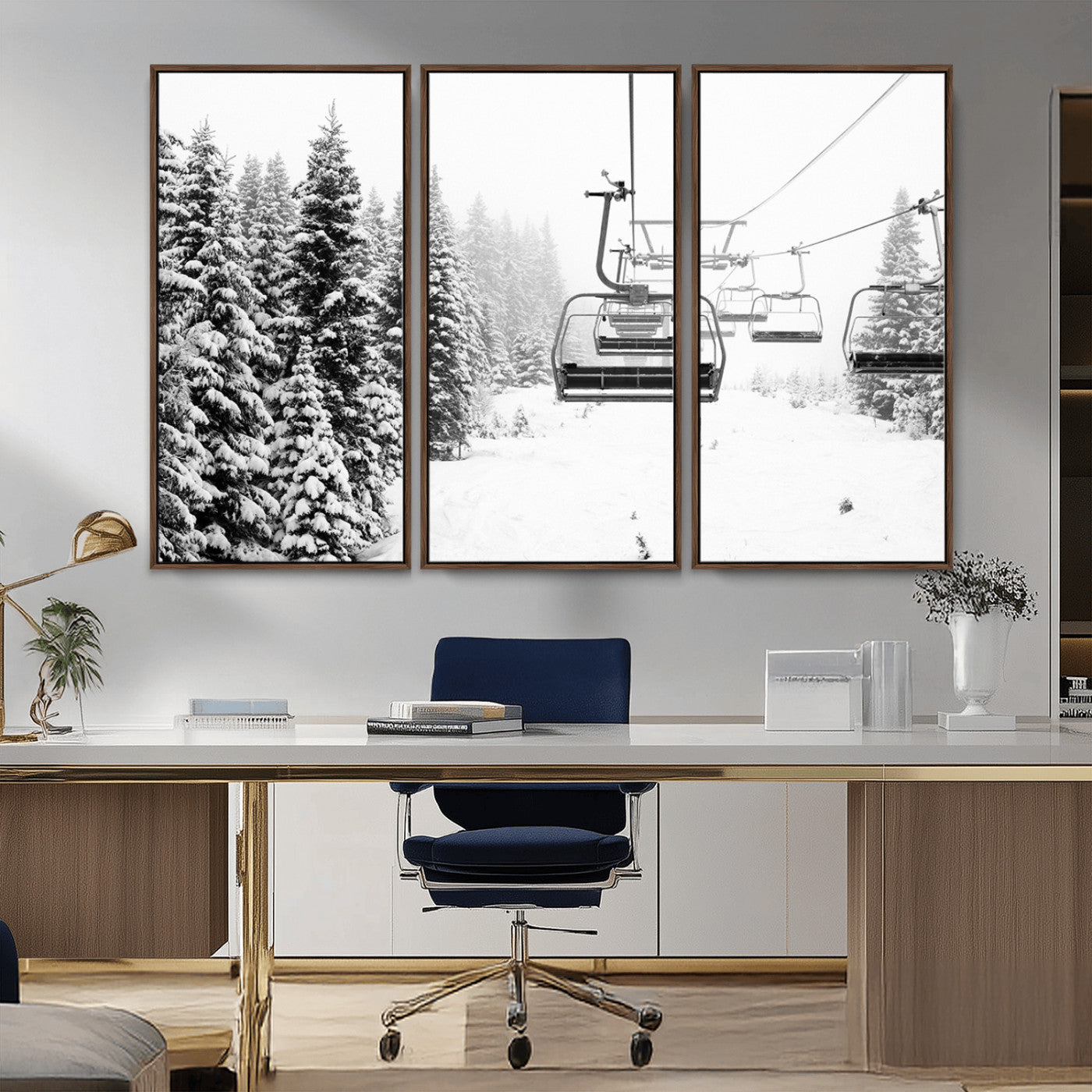 49274-MGV-CV-36X24-Snowy Forest Wall Art Canvas Print, Framed Ski Lift Art Picture Print, Mountain Snow Perfect Minimal Winter Lodge Decor Artwork