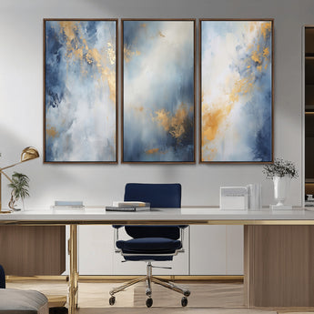 41836-MGV-CV-36X24-Abstract Gold Wall Art Canvas Print, Framed Blue Layers Art Picture Print, Elegant Cloud Perfect Elegant Minimalist Decor Artwork