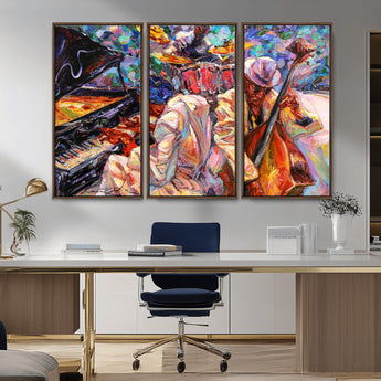 13675-MGV-CV-36X24-Jazz Band Wall Art Canvas Print, Framed Jazz Oil Painting Art Picture Print, Vibrant Music Perfect Abstract Musical Decor Artwork