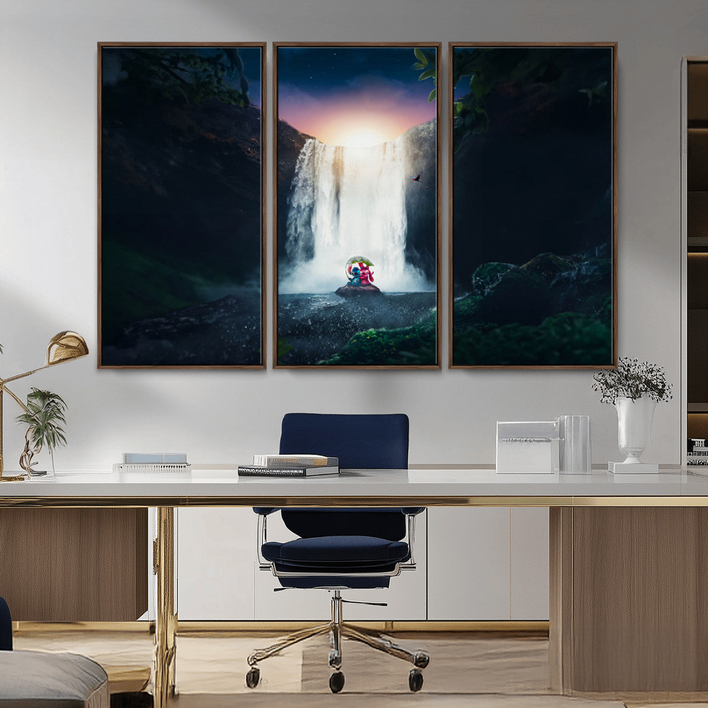 56359-MGV-CV-36X24-Lilo Stitch Wall Art Canvas Print, Framed Stitch Angel Art Picture Print, Cartoon Waterfall Perfect Tropical Fantasy Decor Artwork