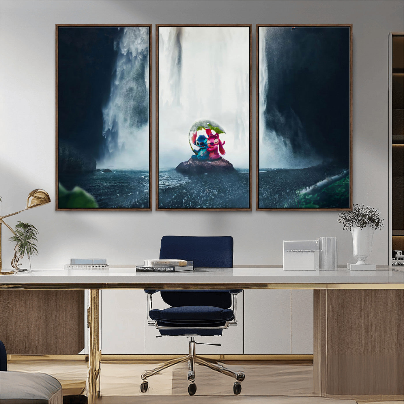 32259-MGV-FC-48X32-3P_Walnut-Stitch Angel Wall Art Canvas Print, Framed Stitch Waterfall Art Picture Print, Cartoon Couple Perfect Moody Fantasy Decor Artwork