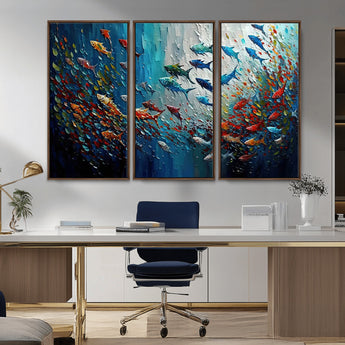 89626-MGV-CV-36X24-Fish Swarm Wall Art Canvas Print, Framed Abstract Ocean Art Picture Print, Underwater Life Perfect Vibrant Coastal Decor Artwork