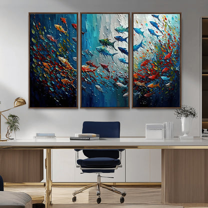 89626-MGV-CV-36X24-Fish Swarm Wall Art Canvas Print, Framed Abstract Ocean Art Picture Print, Underwater Life Perfect Vibrant Coastal Decor Artwork