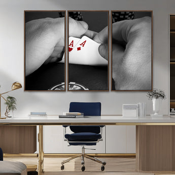 62460-MGV-CV-36X24-Poker Game Wall Art – Close Up of Hands Holding Aces with Chips, Casino Style Decor for Game Room, Man Cave or Office