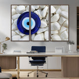 48883-MGV-CV-36X24-Evil Eye Wall Art – Deep Blue Symbol of Presence and Calm on White Stones, Subtle Spiritual Decor for Entryway, Studio, Office or