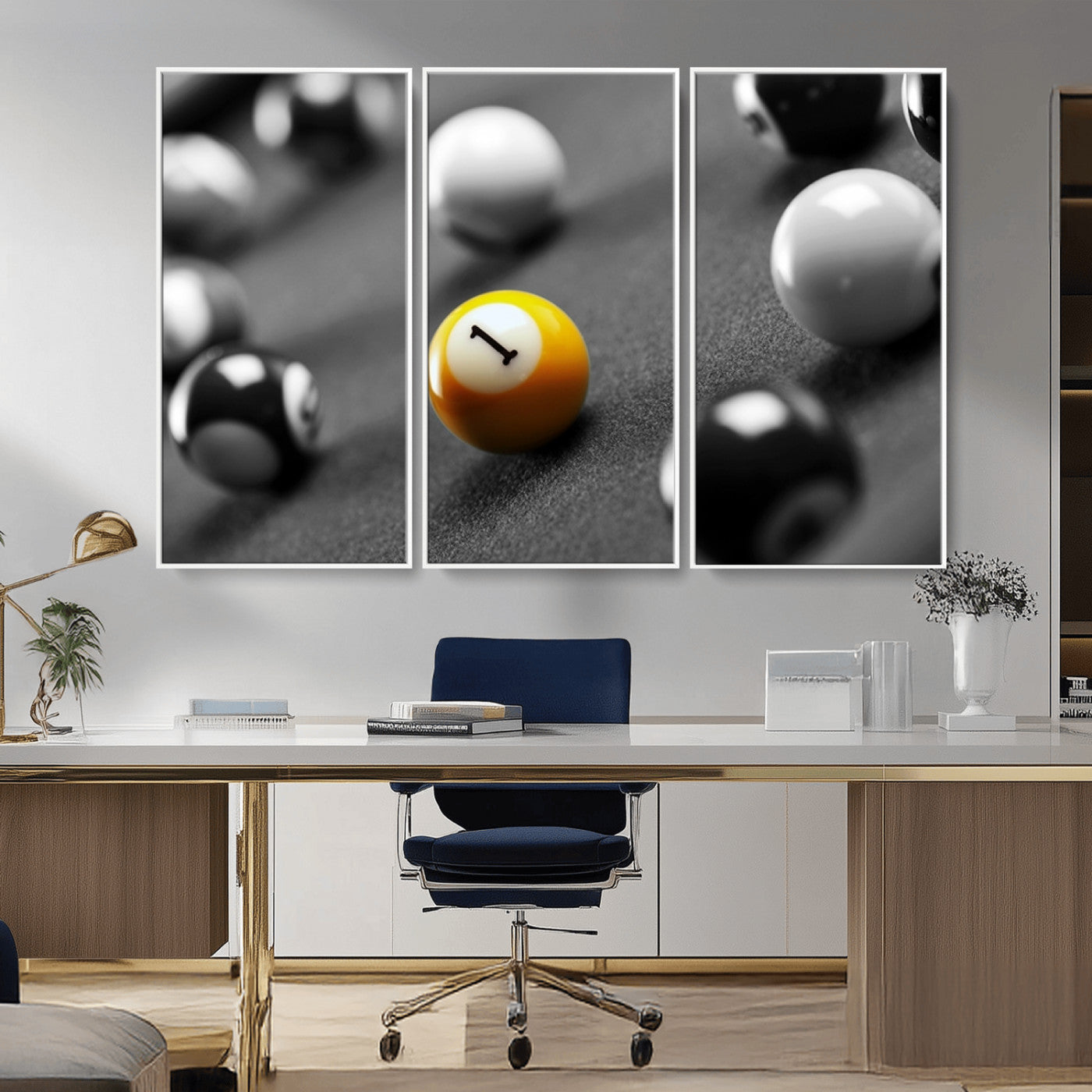 52108-MGV-CV-36X24-Precision Pool Table Wall Art – Close Up Yellow 1 Ball Canvas Print, Hand-Played Billiards Game Decor for Office, Game Room, or