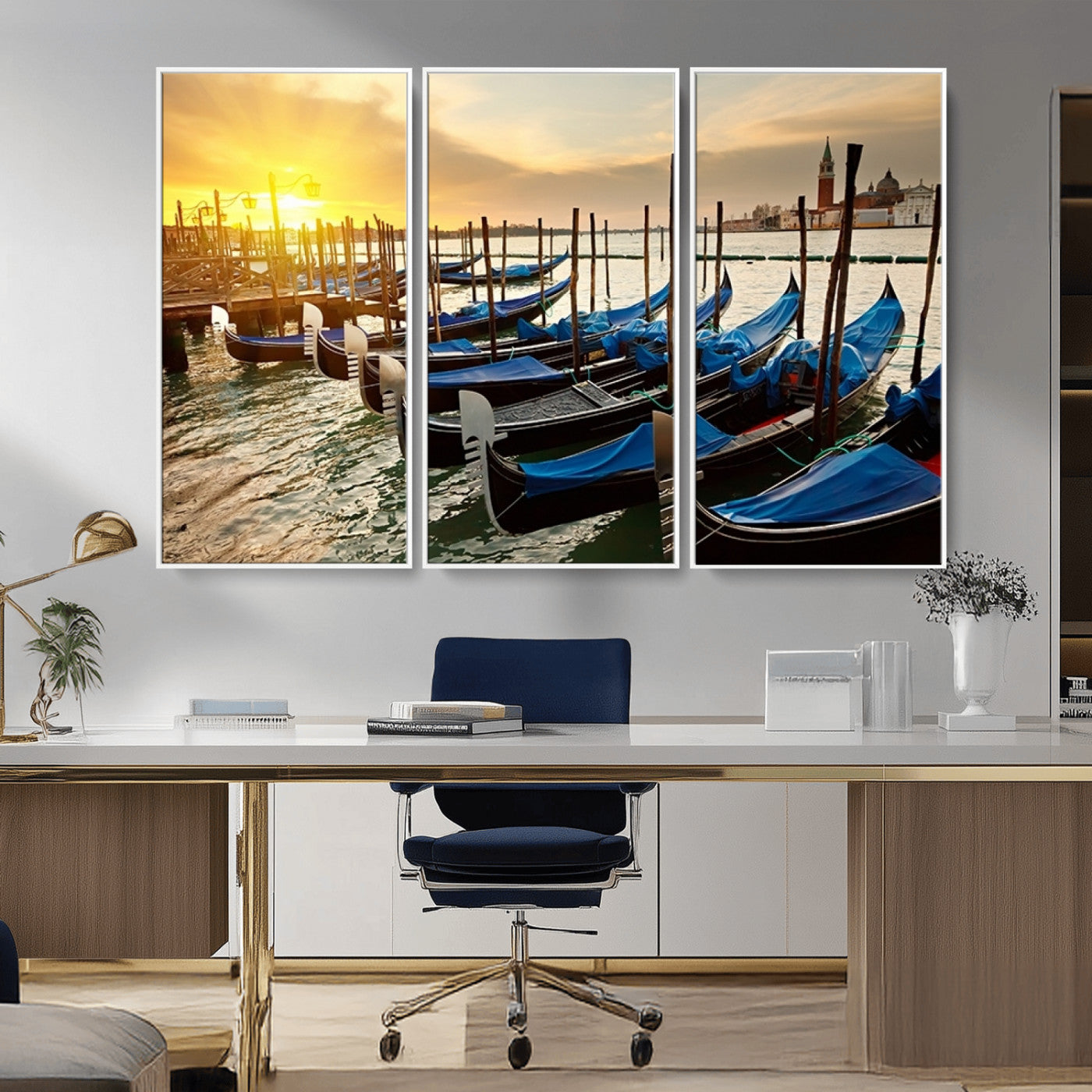 25872-MGV-CV-36X24-Venetian Gondola Dock Wall Art – Serene Sunset Canal Canvas Print, Tranquil Water Travel Decor for Office, Living Room, or Man