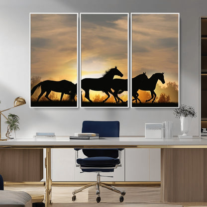 16620-MGV-CV-36X24-Sunset Stallions Wall Art – Silhouetted Horses Running Canvas Print, Nature’s Rhythm, Perfect for Living Room, Office, or Man Cave