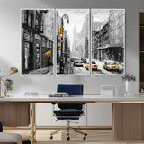 32362-MGV-FC-48X32-3P_White-NYC Street Wall Art – Black and White Cityscape with Yellow Taxis and Umbrella Canvas Print, Urban Home Decor for Living Room or