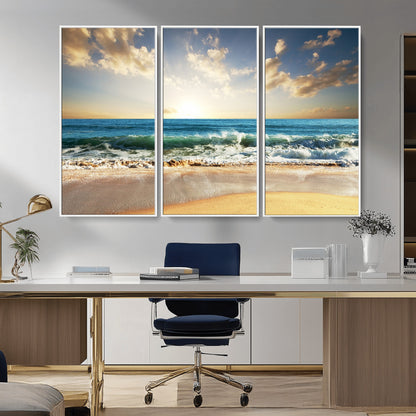 13139-MGV-CV-36X24-Sunrise Beach Wall Art – Ocean Waves and Golden Sand Canvas Print, Coastal Home Decor for Living Room, Bedroom, or Office