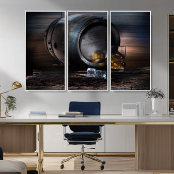 78049-MGV-CV-36X24-Whiskey Barrel Wall Art – Rustic Whiskey Barrel and Glass with Ice Canvas Print, Classic Bar or Lounge Decor for Home, Office, or