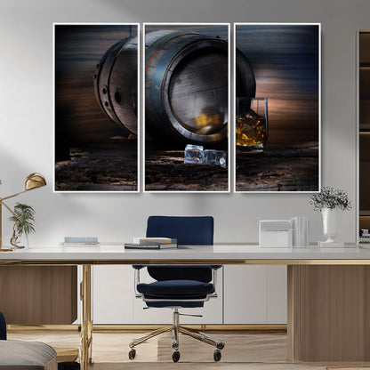 78049-MGV-CV-36X24-Whiskey Barrel Wall Art – Rustic Whiskey Barrel and Glass with Ice Canvas Print, Classic Bar or Lounge Decor for Home, Office, or