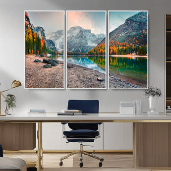 25982-MGV-CV-36X24-Autumn Mountain Lake Wall Art – Panoramic Fall Foliage and Snowy Peaks Canvas Print, Scenic Nature Decor for Living Room or Office
