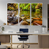 98096-MGV-CV-36X24-Serene River Waterfall Nature Photo – Calm Clear Water, Vibrant Green Forest and Smooth Stones Landscape Wall Art for Home or