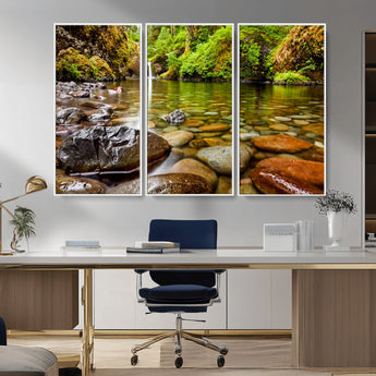 98096-MGV-CV-36X24-Serene River Waterfall Nature Photo – Calm Clear Water, Vibrant Green Forest and Smooth Stones Landscape Wall Art for Home or