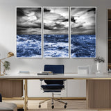 36012-MGV-CV-36X24-Dramatic Stormy Ocean Waves Black and White with Deep Blue Highlights – Moody Seascape Wall Art, Nature Photography Print for Home