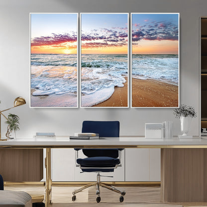 39560-MGV-FC-48X32-3P_White-Sunrise Beach Wall Art – Vibrant Ocean Waves and Golden Sand Canvas Print, Seaside Coastal Decor for Living Room, Bedroom or