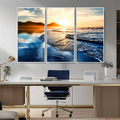 86173-MGV-CV-36X24-Golden Sunset Beach Wall Art – Reflective Ocean Canvas Print with Mountains and Waves, Coastal Nature Decor for Living Room,