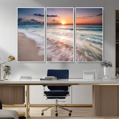71849-MGV-CV-36X24-Sunrise Ocean Beach Wall Art – Serene Seascape Canvas Print with Gentle Waves, Coastal Nature Decor for Bedroom, Living Room or