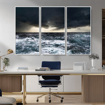42607-MGV-CV-36X24-Stormy Ocean Wall Art – Dramatic Sea and Sky Canvas Print with Sun Rays, Moody Nature Decor for Living Room, Office, Bedroom or