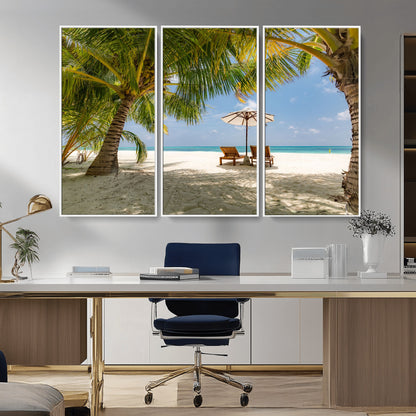 83601-MGV-CV-36X24-Tropical Beach Wall Art – Serene Palm Trees and Lounge Chairs Canvas Print, Relaxing Coastal Decor for Living Room, Bedroom or