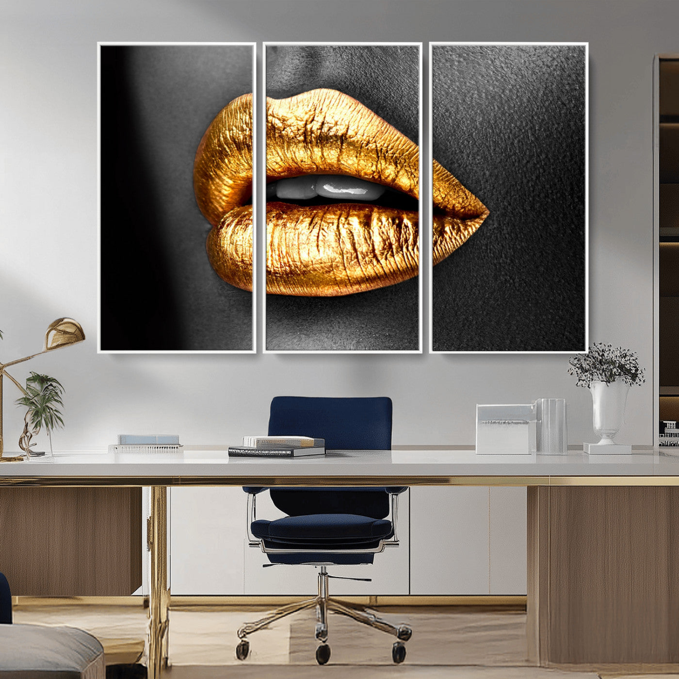 84747-MGV-CV-36X24-Golden Lips Black & White Portrait – Glamorous Metallic Lip Art Print, Modern Wall Decor for Bedroom, Beauty & Fashion Lover Gift