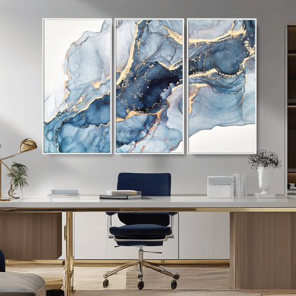 33782-MGV-CV-36X24-Abstract Marble Wall Art – Blue & Gold Fluid Painting Canvas Print, Modern Home Decor for Living Room, Bedroom or Office