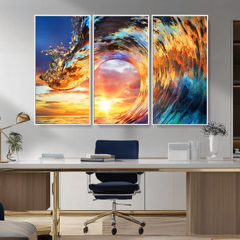 52890-MGV-CV-36X24-Surfing Wave Wall Art Canvas Print, Framed Sunset Ocean Art Picture Print, Ocean Wave Perfect Nautical Decor Artwork