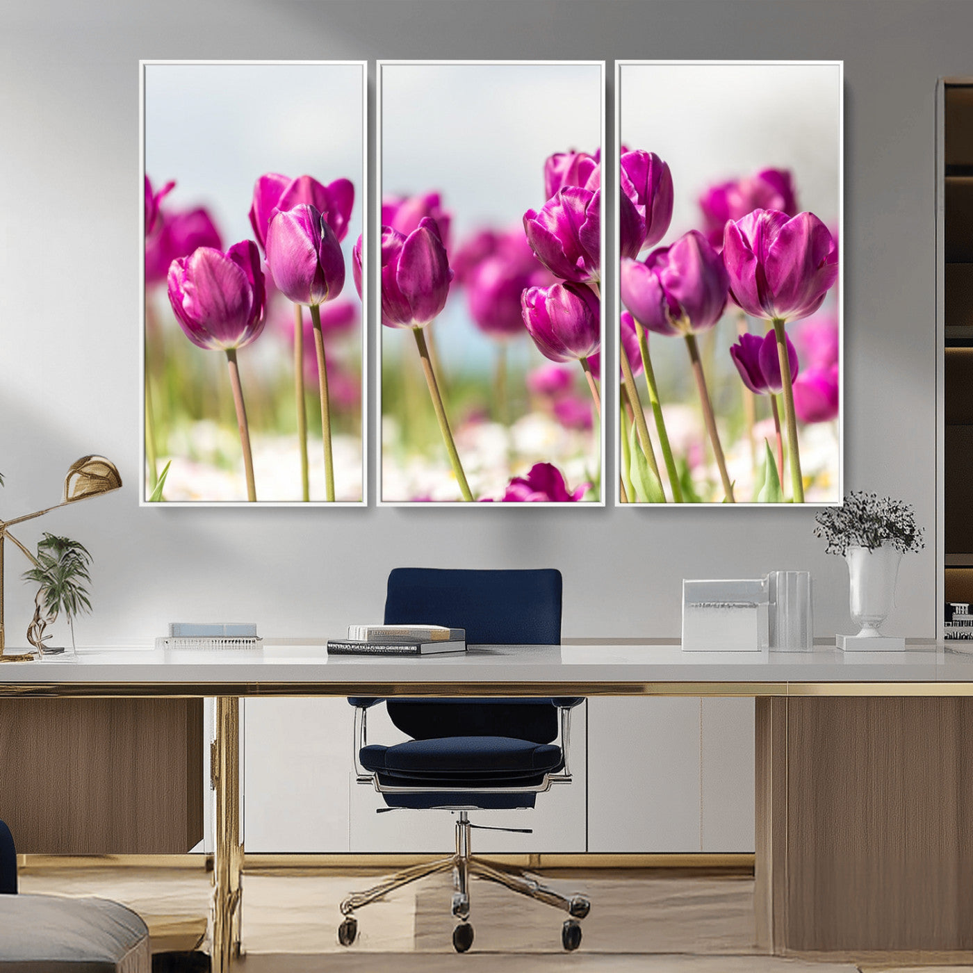 30632-MGV-CV-36X24-Purple Tulip Field Wall Art – Beautiful Spring Flowers Canvas Print with Soft Focus and Bright Sky, Ideal Floral Decor for Home or