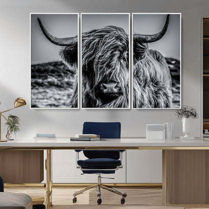 97372-MGV-CV-36X24-Elegant Highland Cow Wall Art – Black and White Canvas Print, Rustic Nature Decor for Home, Office, Living Room or Man Cave