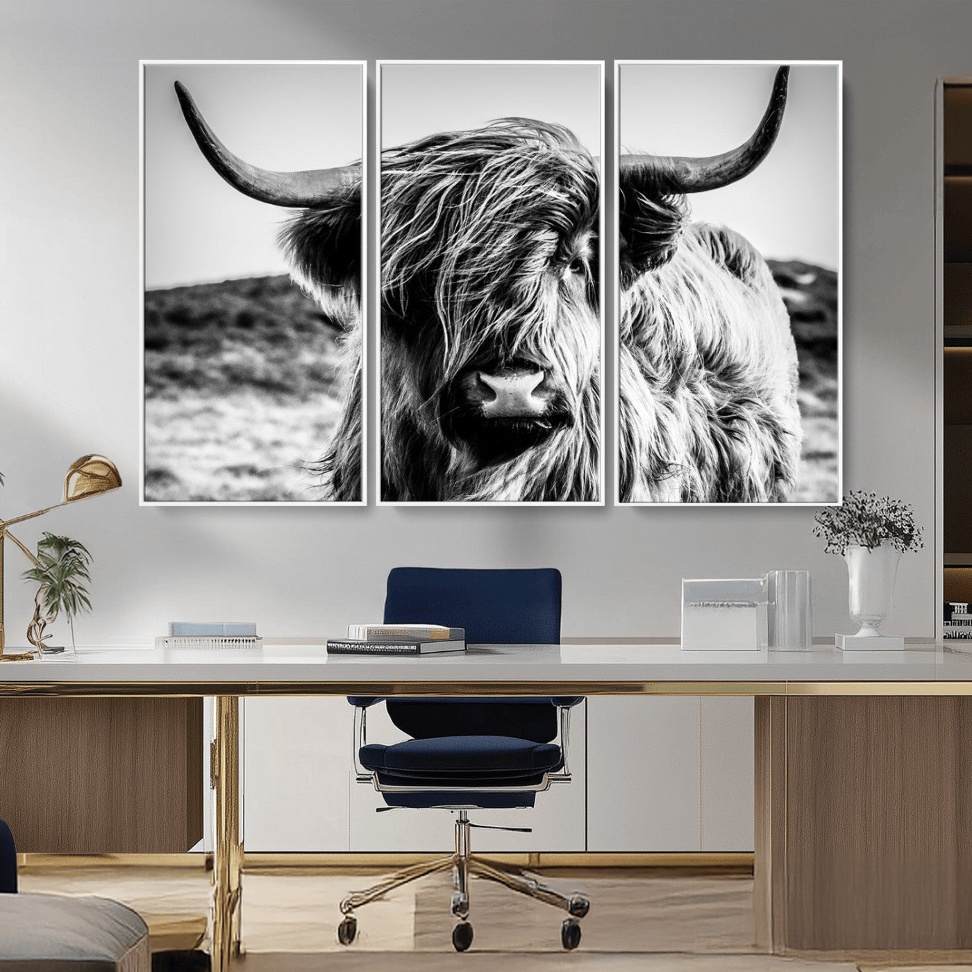 36979-MGV-CV-36X24-Striking black-and-white portrait of a Highland cow with flowing fur and majestic horns, perfect for rustic and elegant home or