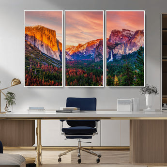 24519-MGV-CV-36X24-Yosemite Valley Sunset Wall Art – Majestic Mountain Landscape with Waterfall and Vibrant Sky, Nature Photography for Home or