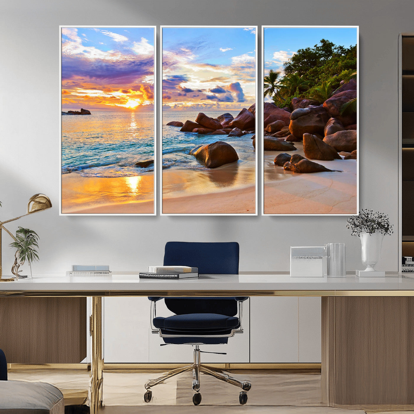 43209-MGV-CV-36X24-Tropical Beach Sunset Wall Art – Golden Ocean Waves and Palm Trees with Rocky Shore Canvas Print, Coastal Seascape Decor for